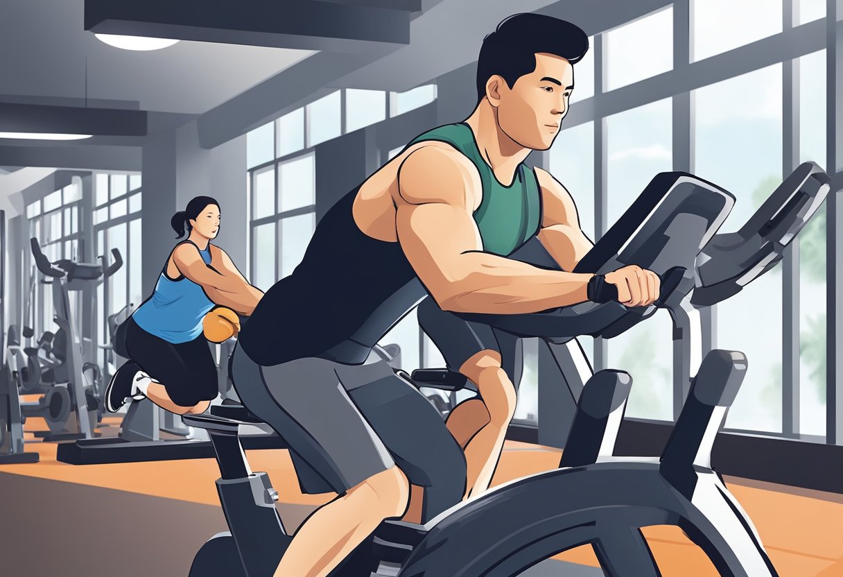People engaged in various workout and training programs at a modern gym in Singapore. The gym is equipped with state-of-the-art exercise machines and equipment, and there are trainers guiding and assisting the participants