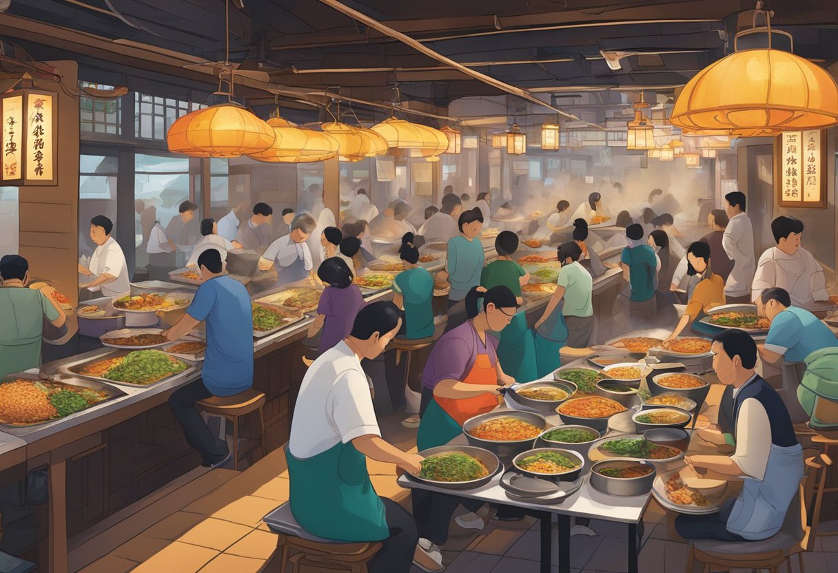 A bustling zi char eatery with sizzling woks, steaming pots, and colorful dishes on every table. The aroma of garlic, ginger, and soy sauce fills the air as diners eagerly dig into their specialties