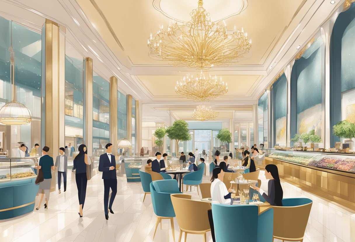 Shoppers browsing luxury stores, diners enjoying fine dining, and elegant decor at Jewel Singapore