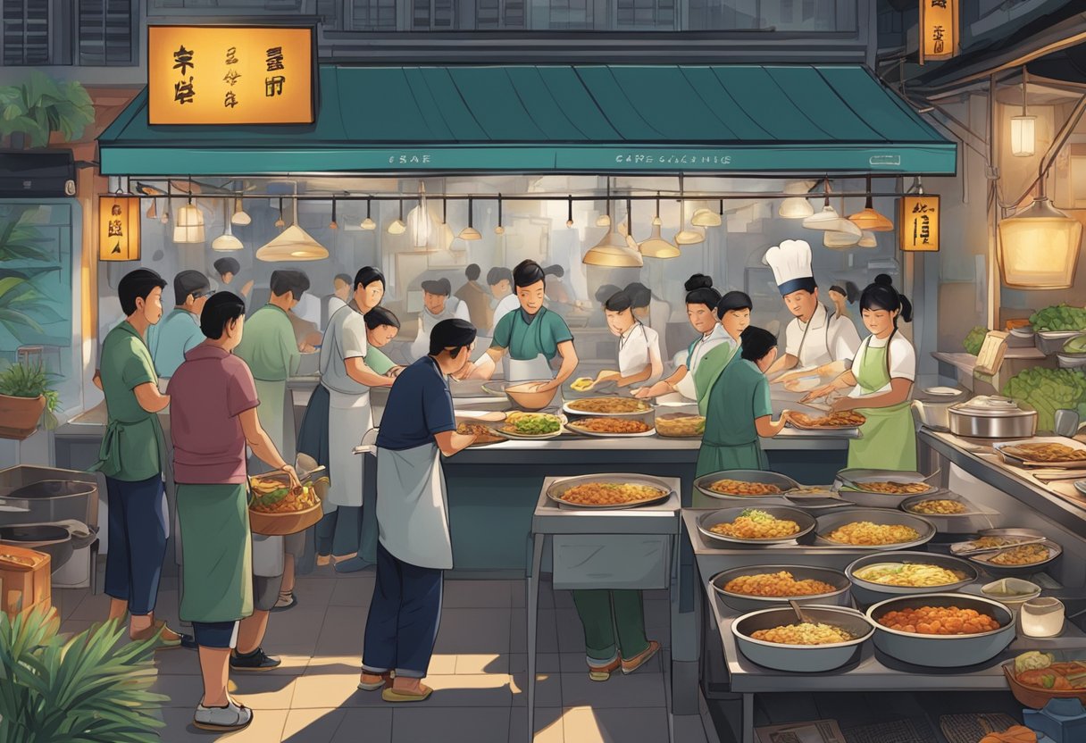 A bustling zi char stall with customers ordering and chefs cooking up a storm in the open kitchen