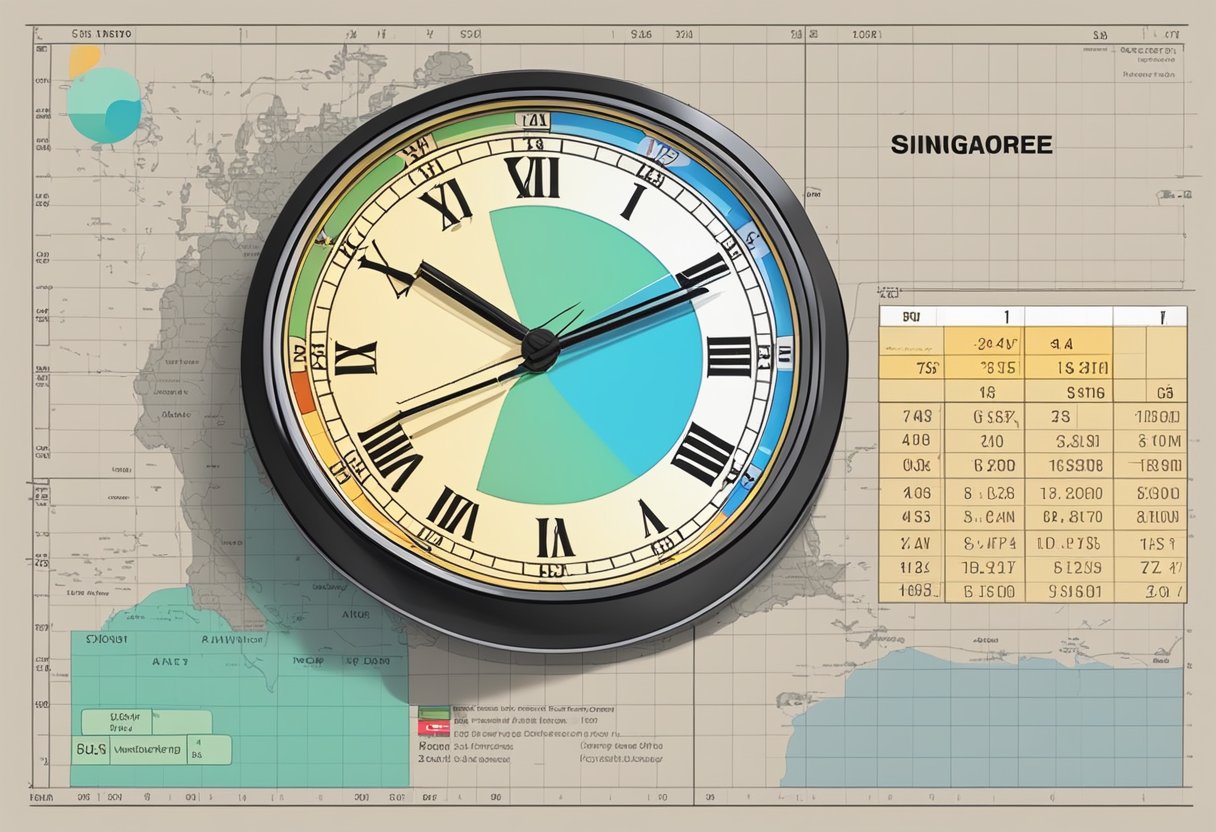 A clock showing Singapore time with GMT conversion chart nearby