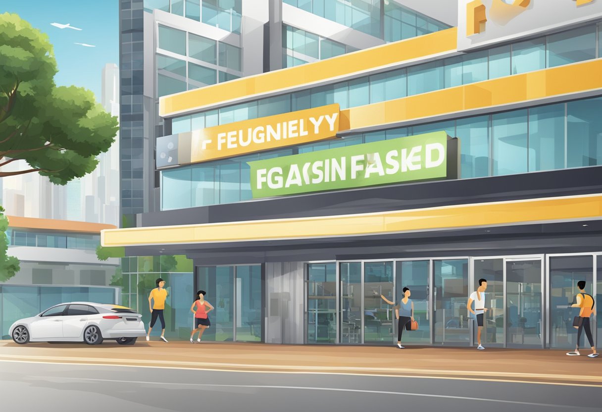 A signboard with "Frequently Asked Questions" displayed outside a modern gym in Singapore