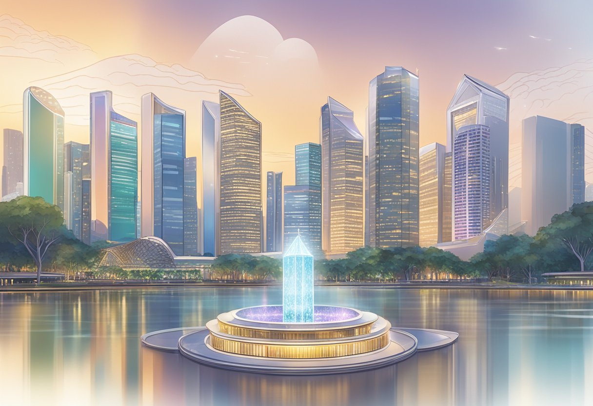 A sparkling jewel with "Frequently Asked Questions" engraved, set against the backdrop of the iconic Singapore skyline