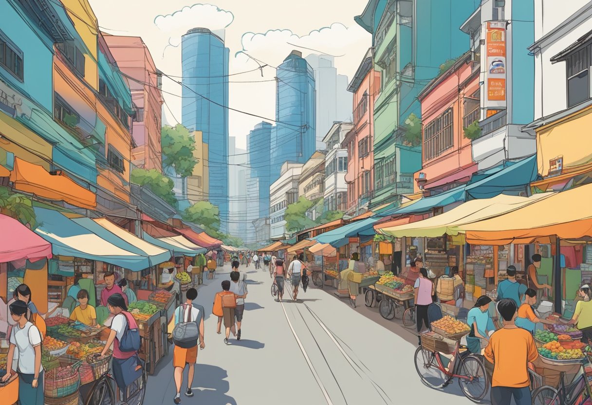 The bustling streets of Teva, Singapore, with colorful buildings and vibrant market stalls. Pedestrians and cyclists fill the busy thoroughfares, while the iconic skyline looms in the background