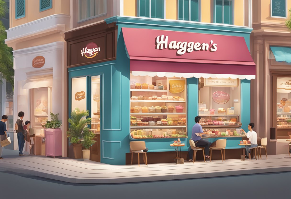 A bustling Haagen Dazs Singapore storefront with vibrant signage and a display of decadent ice cream flavors