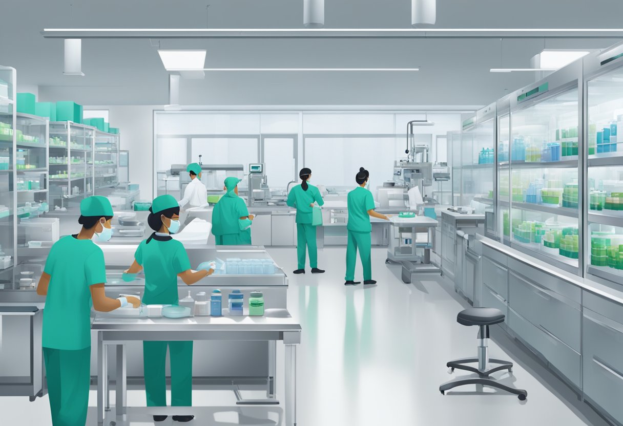 Teva Singapore's impact on healthcare: A bustling pharmaceutical facility with state-of-the-art equipment and a team of dedicated professionals working together to produce life-saving medications