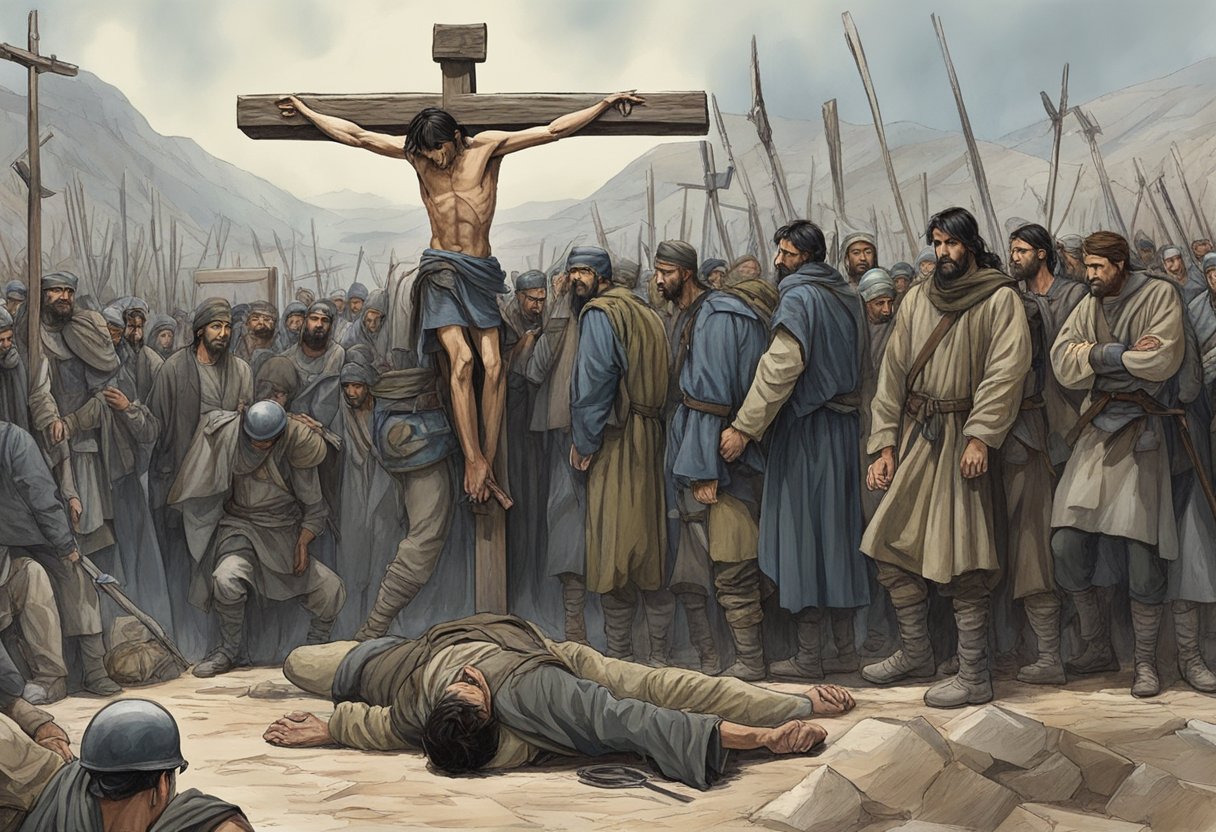 Jim Caviezel endures the crucifixion, bloodied and in agony, as onlookers jeer and soldiers stand guard