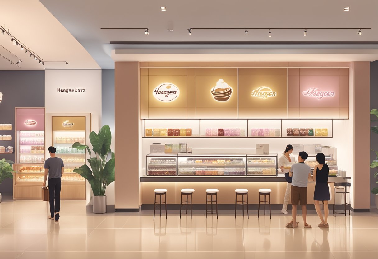 People sampling various Häagen-Dazs flavors in a modern, sleek outlet in Singapore. Bright lighting and clean, minimalist decor create a welcoming atmosphere