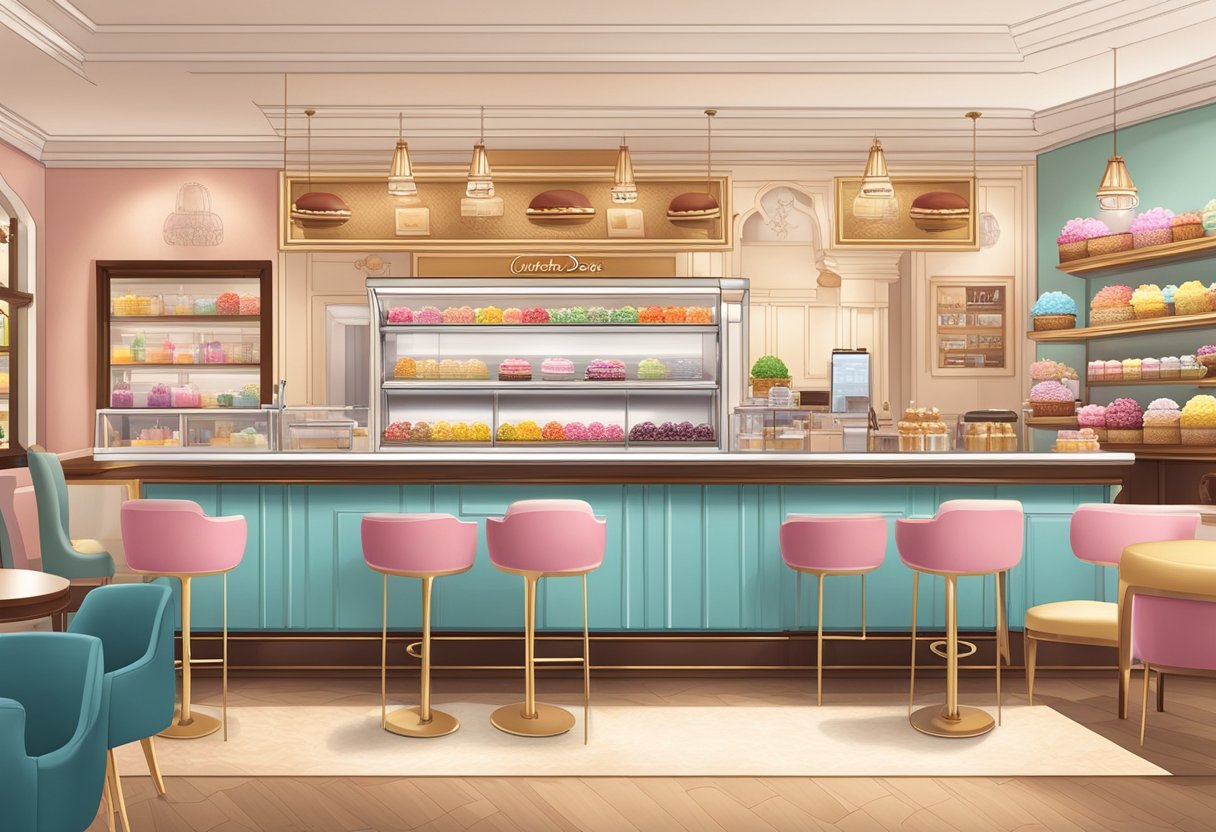 A colorful Häagen-Dazs ice cream shop with a stylish interior, decadent dessert displays, and a welcoming atmosphere