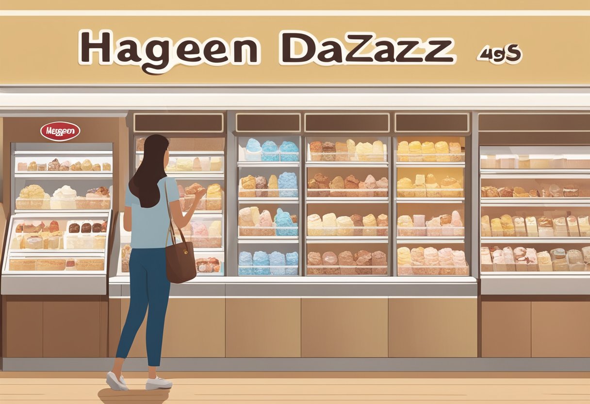 A customer browsing through a display of Haagen Dazs ice cream flavors at a store in Singapore