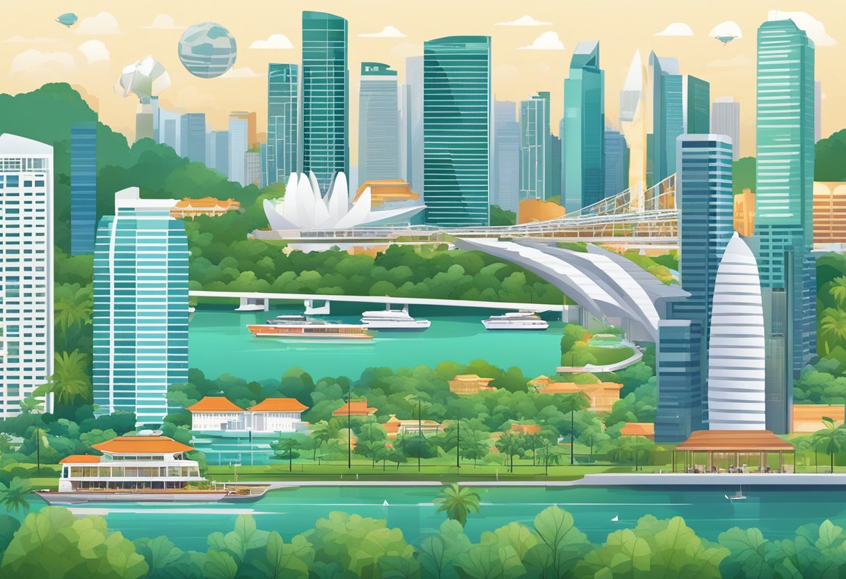 A bustling cityscape of Singapore, with iconic landmarks like the Marina Bay Sands and the Singapore Flyer, surrounded by modern skyscrapers and lush greenery