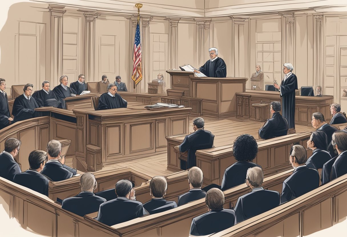 A courtroom with a judge presiding over legal proceedings, lawyers presenting arguments, and a stenographer recording the proceedings