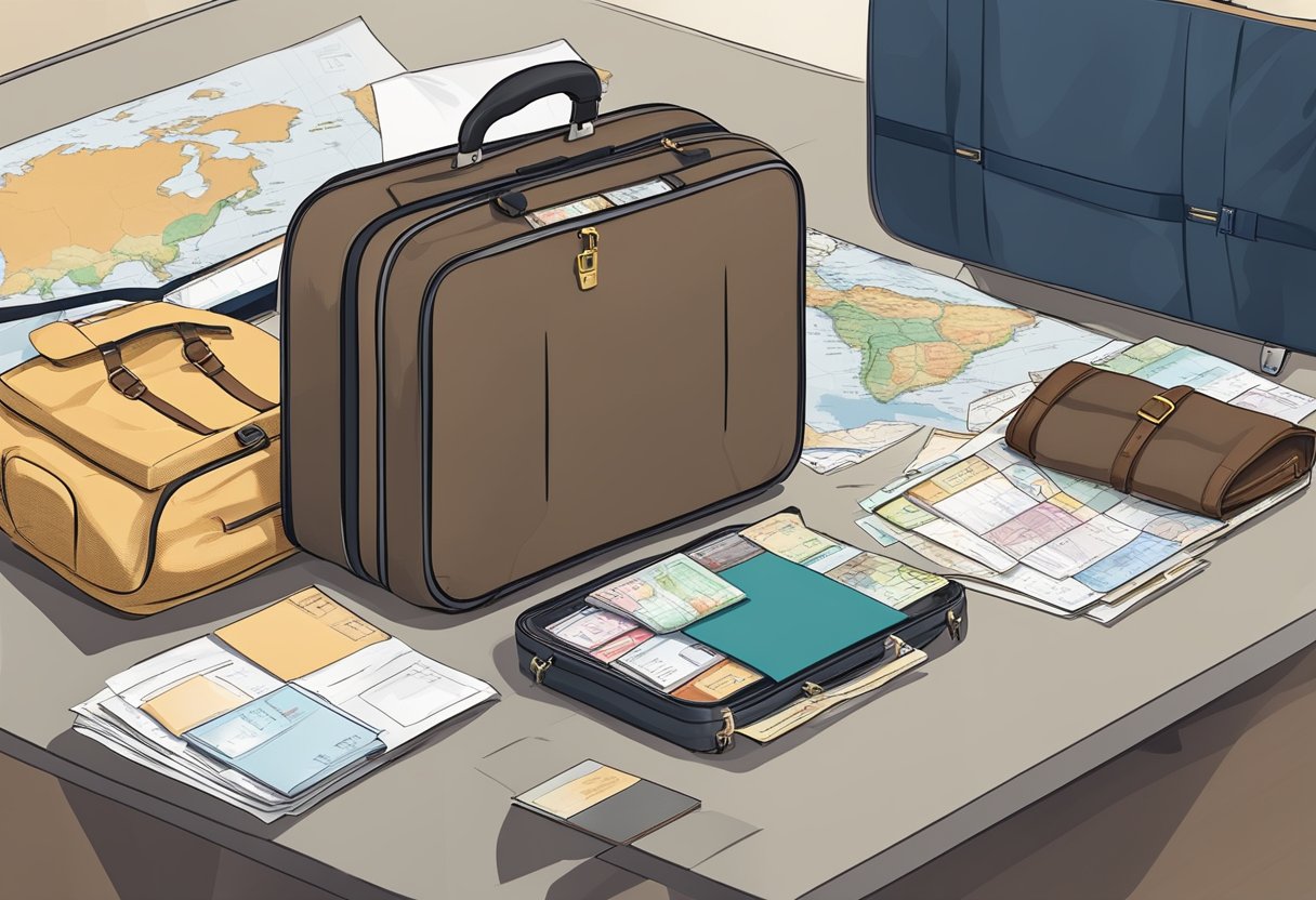 Passport, tickets, and luggage laid out on a table. Map of Malaysia and Singapore on the wall. Suitcase half-packed with clothes and travel essentials
