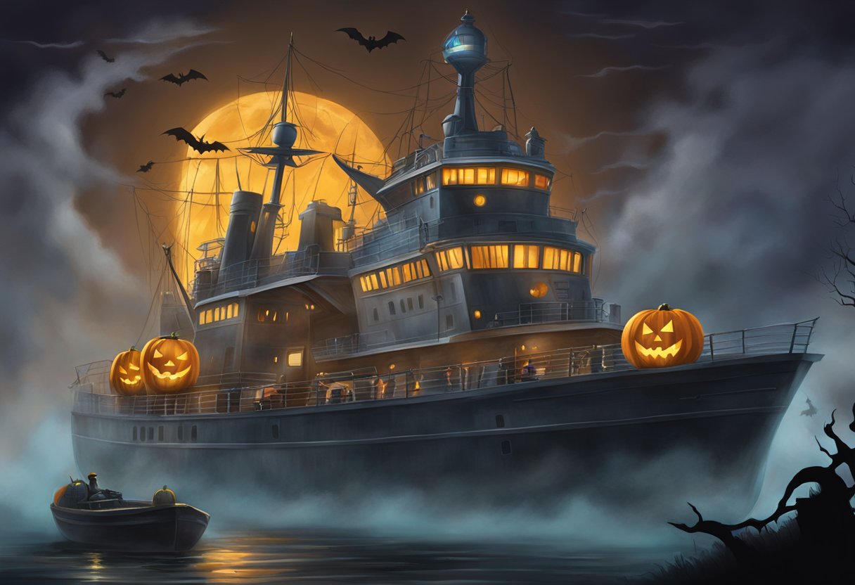 The USS Singapore Halloween scene features eerie fog, glowing jack-o-lanterns, and spooky decorations