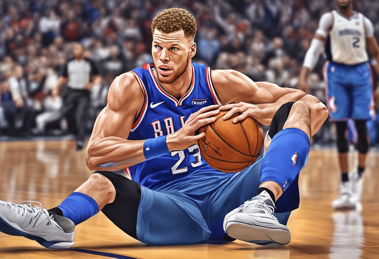 Blake Griffin falls and clutches his knee in pain during a basketball game