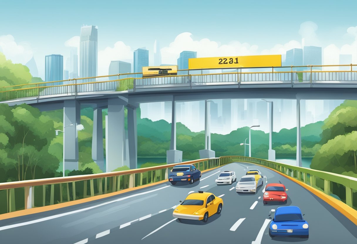Cars crossing a bridge over a river between Malaysia and Singapore. Border control booths and signs mark the transition