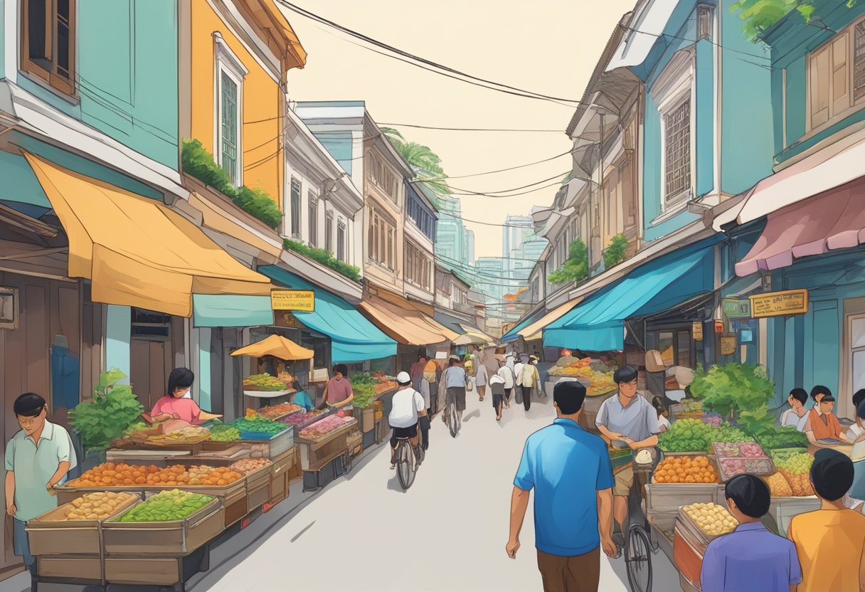 A bustling street in Singapore, with colorful shopfronts and traditional shophouses lining the road. The air is filled with the aroma of local delicacies, and the sound of chatter and laughter fills the air