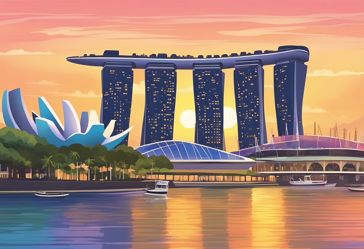 The sun sets over the Singapore skyline as the call to prayer echoes through the city, signaling the time for solat. The iconic landmarks of the city are silhouetted against the colorful evening sky