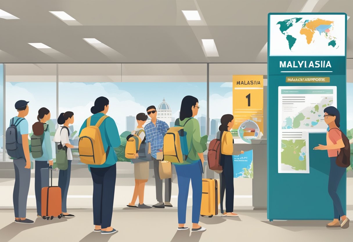 People lining up at a border checkpoint, with signs indicating "Malaysia" and "Singapore". A map and travel brochures are displayed nearby
