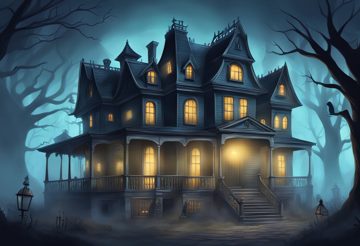 A spooky haunted house with eerie lighting and fog, surrounded by creepy characters and frightening decorations