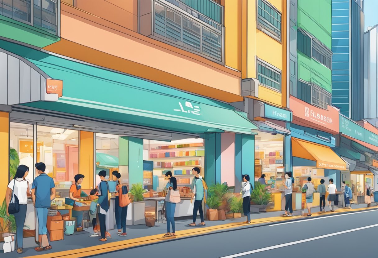 A bustling Singapore street with HLA storefront, customers browsing, and staff assisting. Bright colors and modern design