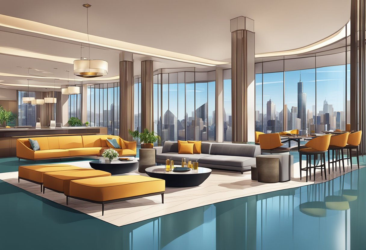 A modern, luxurious hotel lobby with sleek furnishings, a vibrant color palette, and floor-to-ceiling windows overlooking a city skyline