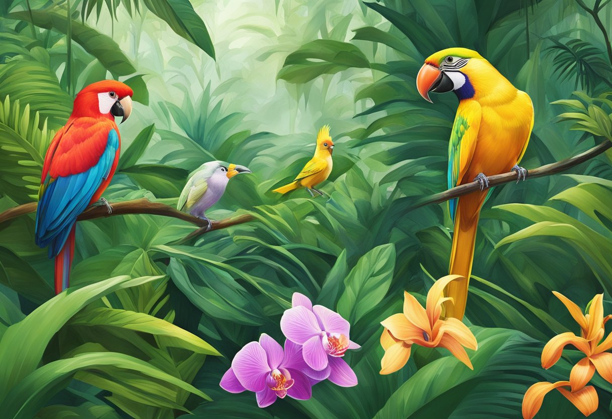 Lush Singapore: vibrant green foliage, exotic orchids, and colorful tropical birds in a dense, humid rainforest