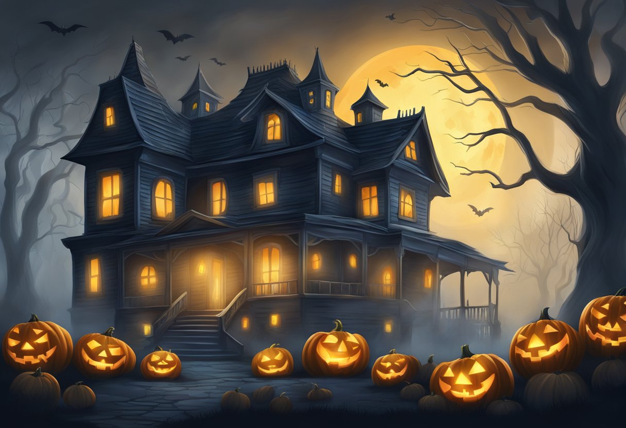 A spooky haunted house with glowing jack-o-lanterns, eerie fog, and creepy creatures lurking in the shadows