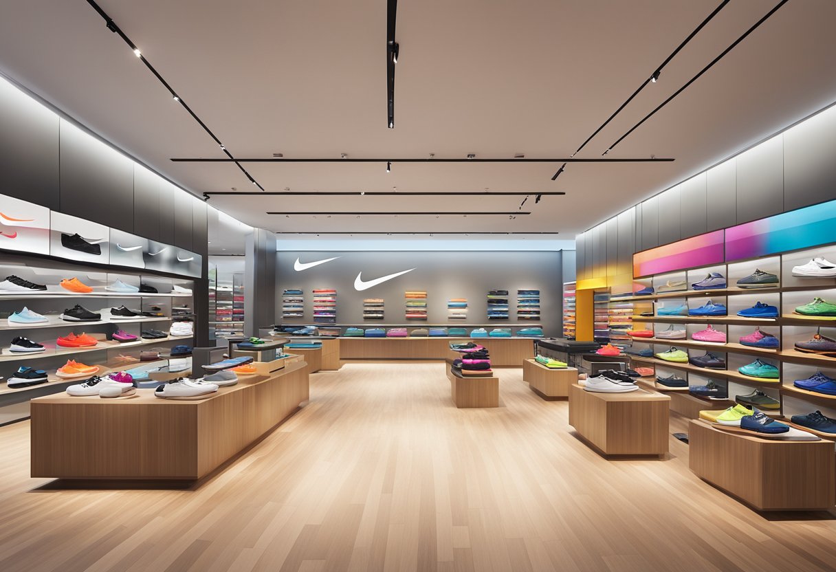 The Nike store in Singapore bustles with customers browsing the latest athletic footwear and apparel. Bright, modern displays showcase the brand's iconic swoosh logo