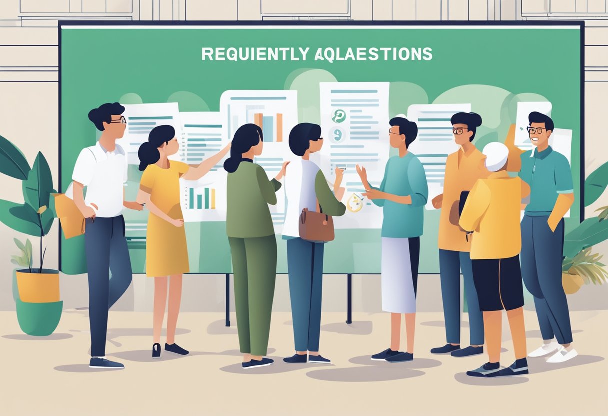 A group of people gathered around a sign that reads "Frequently Asked Questions hla singapore," with some individuals pointing and discussing