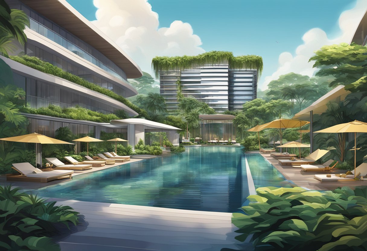 The W Singapore hotel stands tall against a backdrop of lush greenery, with its modern architecture and sleek design. A pool glistens in the foreground, inviting guests to relax and enjoy the luxurious accommodations