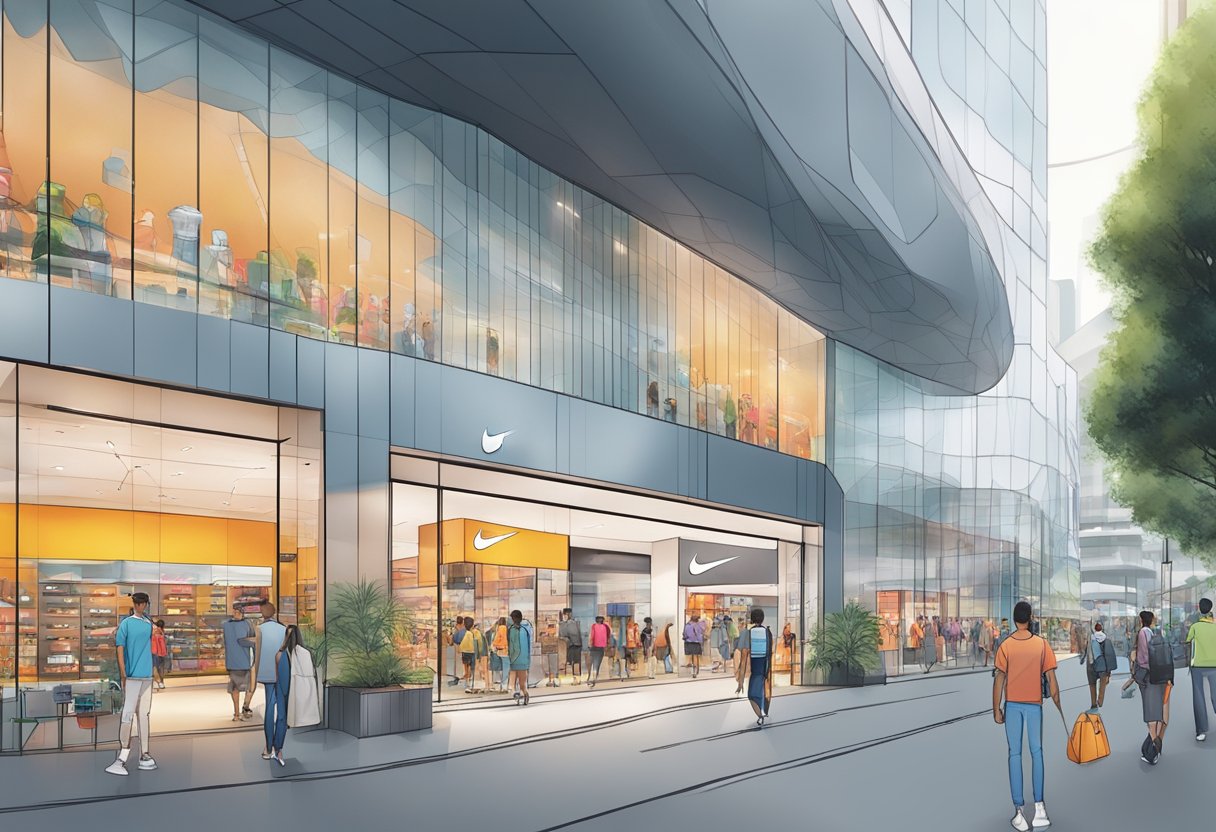 The bustling Nike store on Orchard Road, Singapore, with sleek modern architecture and vibrant displays