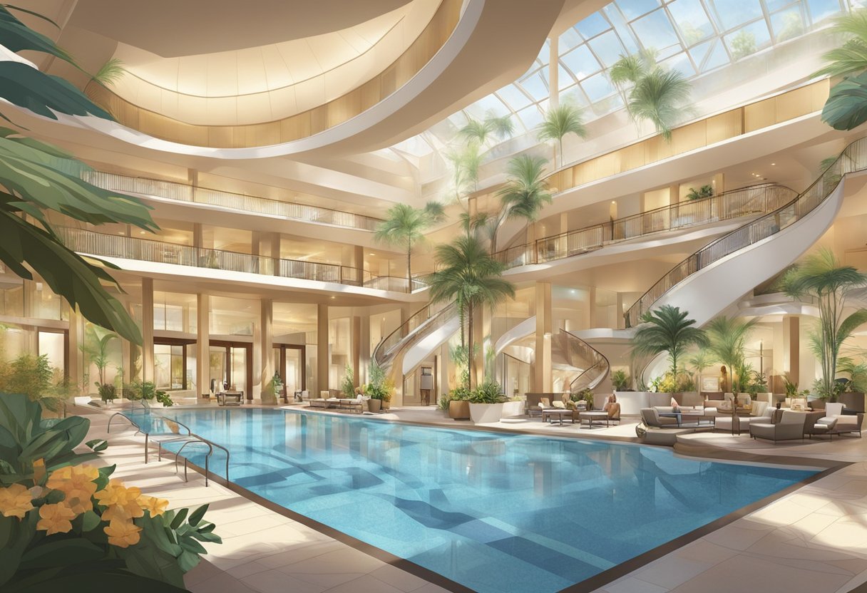The hotel lobby bustles with guests checking in, while the pool glistens in the sunlight. The spa offers serene relaxation, and the fitness center buzzes with activity