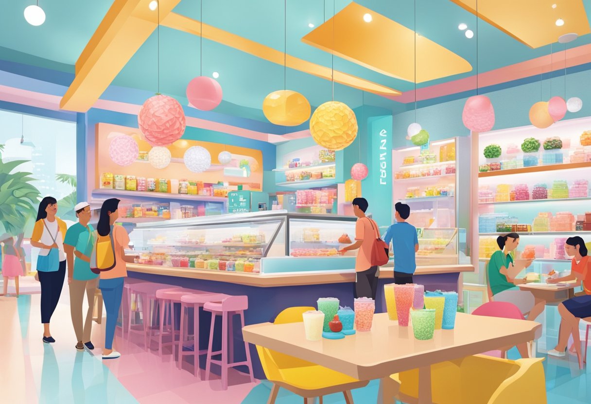 A bustling Yolé Singapore store with vibrant decor and a variety of frozen yogurt flavors on display. Customers chat and enjoy their treats at colorful tables