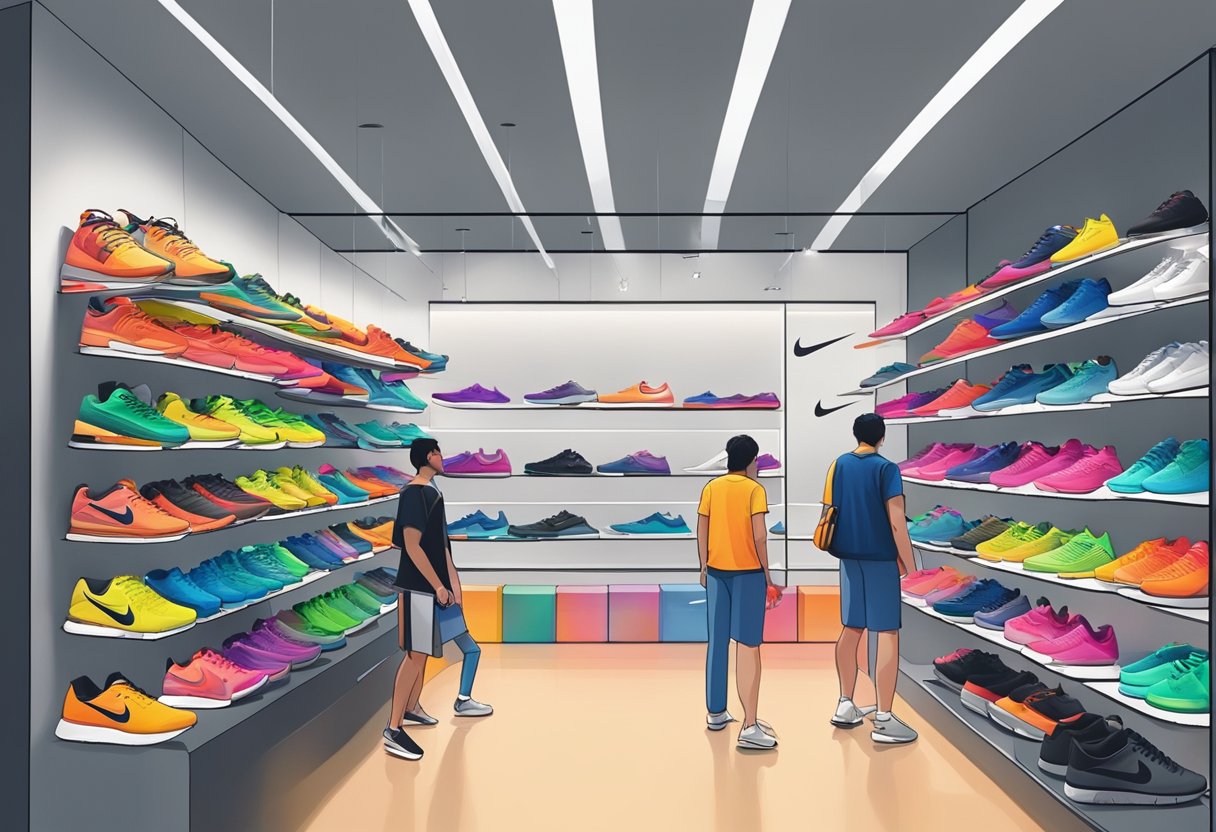 A bustling Nike store in Singapore, with shelves lined with colorful sneakers and athletic gear. Customers try on shoes while staff assist with purchases