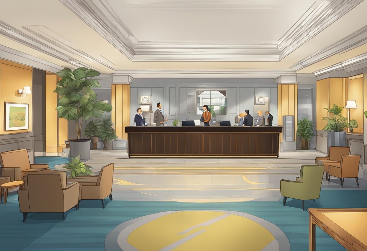 A bustling hotel lobby with a prominent "Frequently Asked Questions" sign next to a concierge desk in the foreground. Guests are seen approaching the desk with inquiries