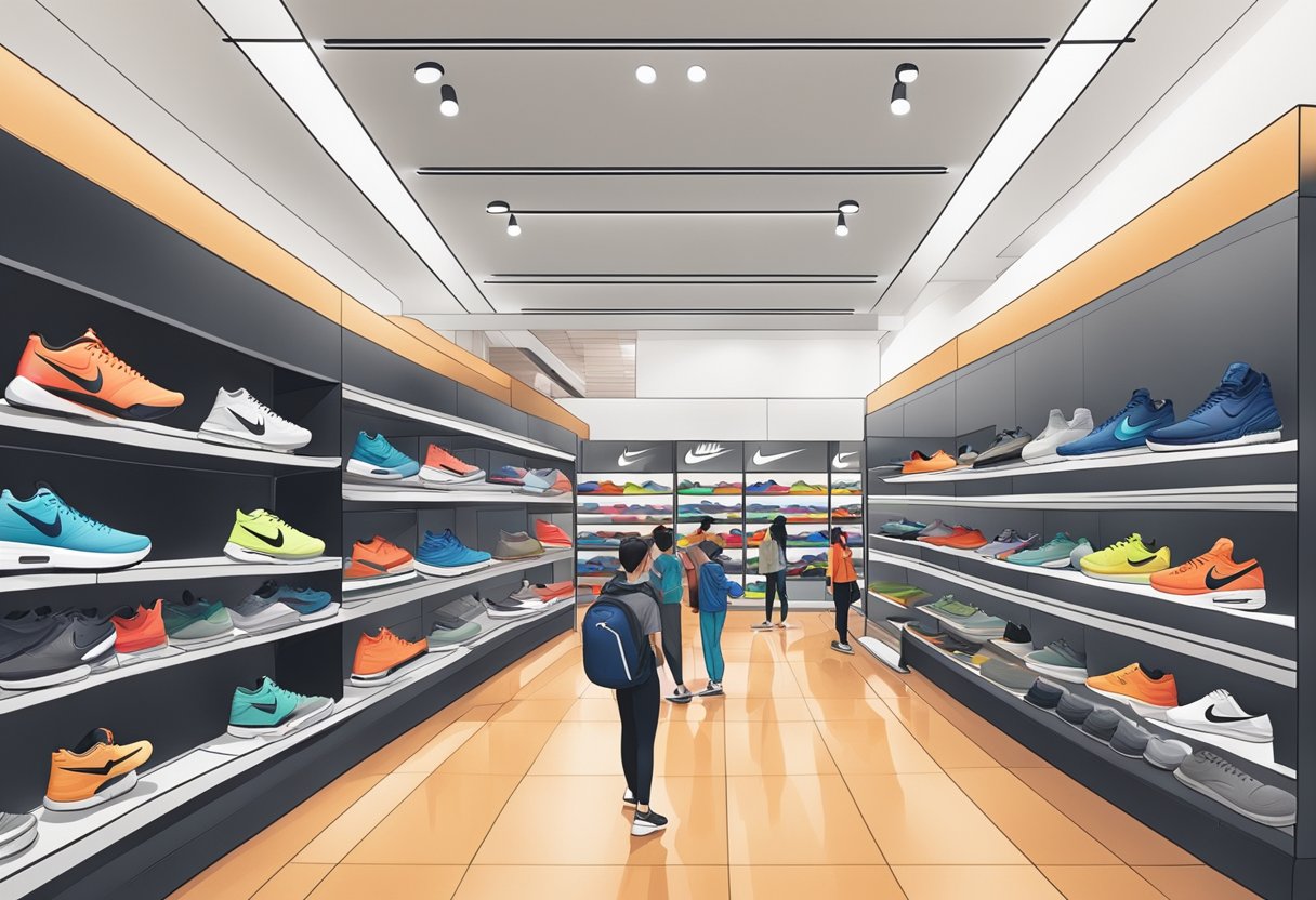 A crowded Nike store in Singapore, with shelves of sneakers and sportswear, and customers browsing and asking staff questions