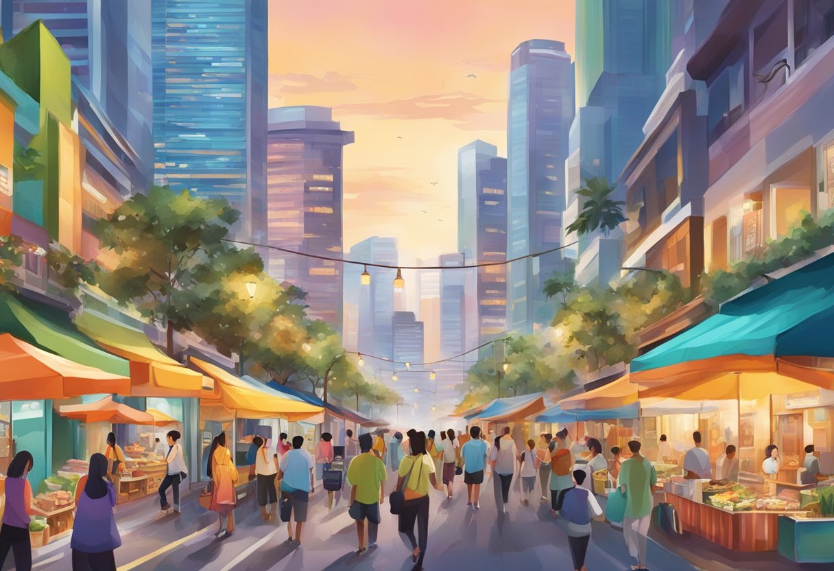The bustling streets of adlv singapore, filled with colorful buildings and vibrant street vendors, create a lively and energetic atmosphere
