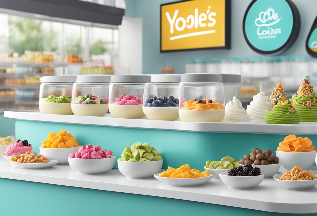 A colorful array of Yolé's delicious frozen yogurt and toppings displayed on a bright, modern counter