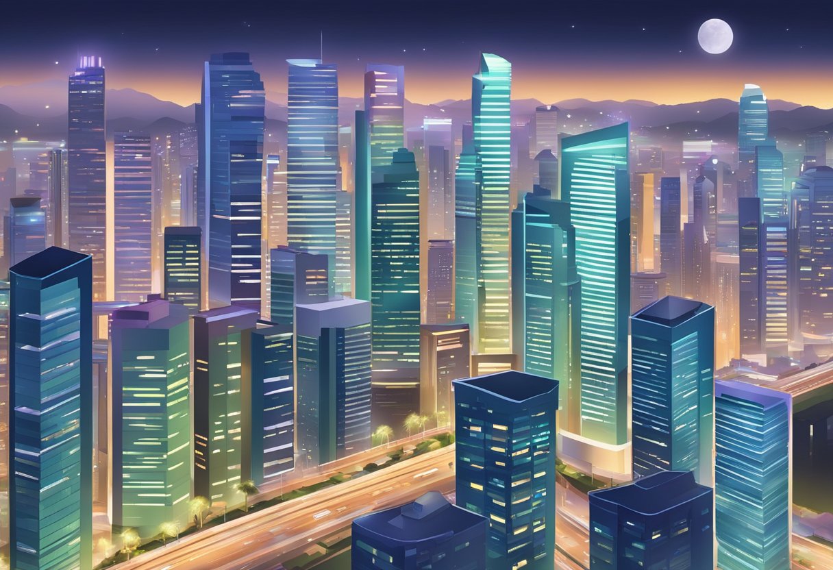 A bustling cityscape in Singapore, with modern skyscrapers, bustling streets, and vibrant lights