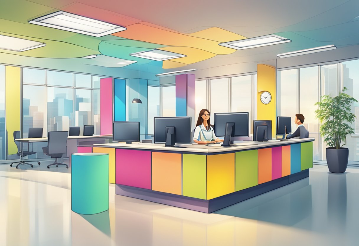 A colorful illustration of a customer service desk with a "Frequently Asked Questions" sign in a modern office setting