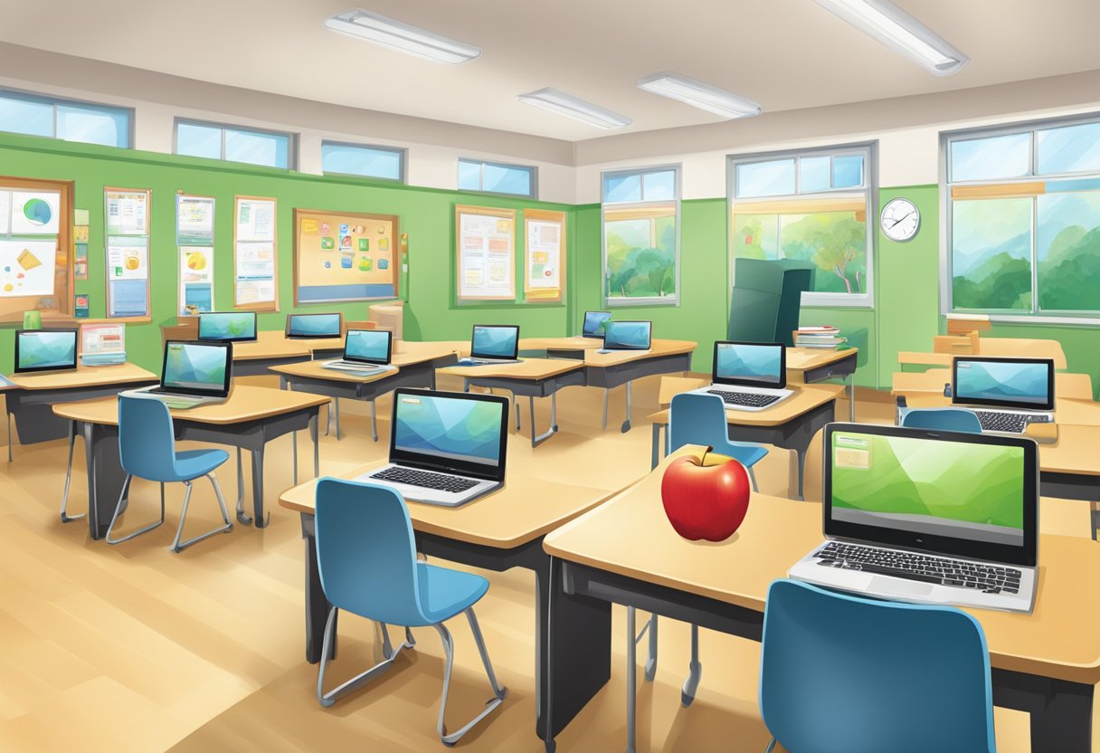 A classroom in Singapore with apple-themed educational materials and technology