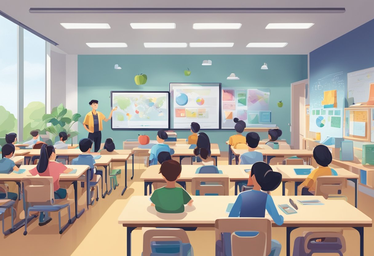 A classroom in Singapore filled with students engaging in interactive Apple education programs. Technology and learning materials are scattered throughout the room