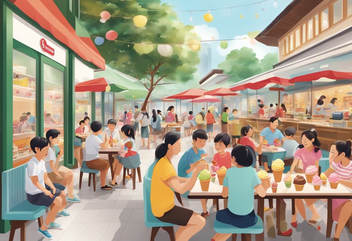 A bustling Swensens Singapore with colorful ice cream displays and families enjoying sweet treats at outdoor tables