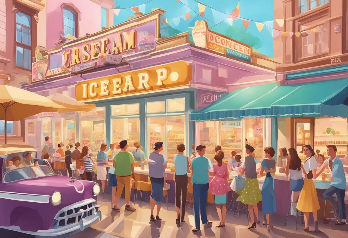 A colorful ice cream parlor with vintage signage and a bustling crowd enjoying sweet treats
