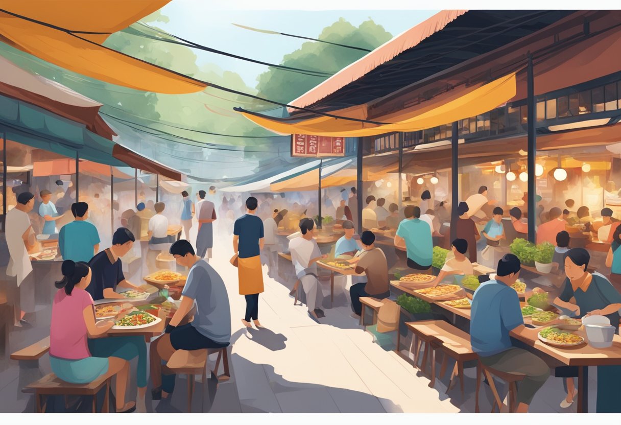 A bustling hawker center with colorful food stalls, steaming woks, and diners enjoying local dishes at tables
