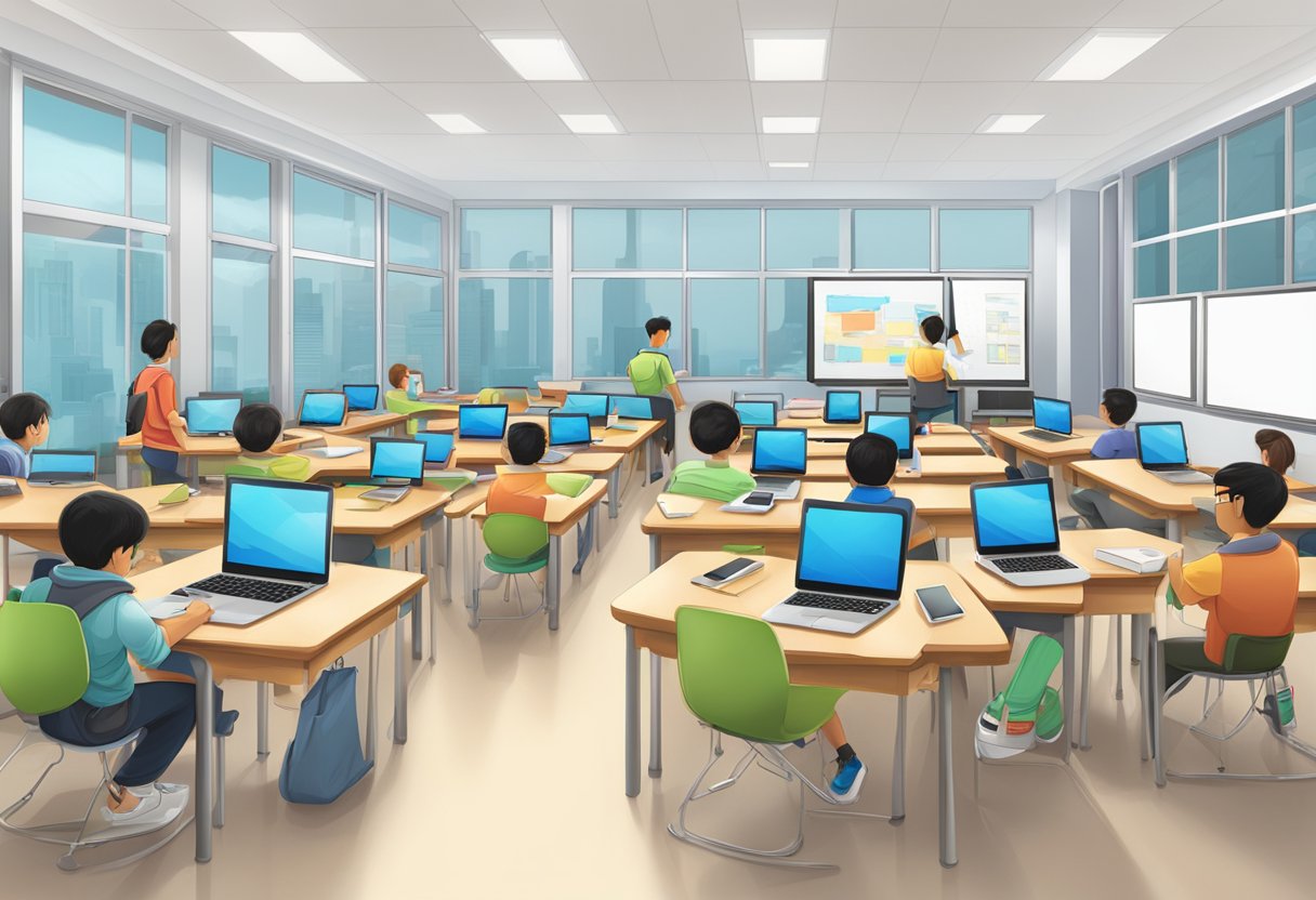 A classroom filled with Apple products, including iPads, MacBooks, and Apple Pencils, used for educational purposes in Singapore