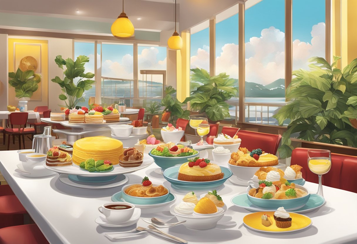 A table set with colorful dishes and desserts at Swensen's Singapore, with a warm and welcoming ambiance