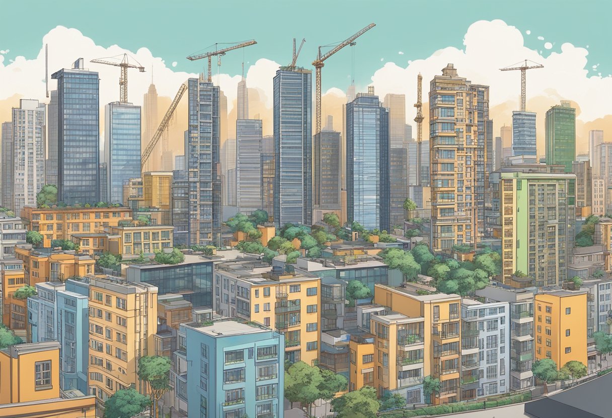 A bustling cityscape with high-rise buildings and a diverse mix of residential properties, including apartments, condominiums, and landed houses. The skyline is dotted with cranes indicating ongoing construction and development