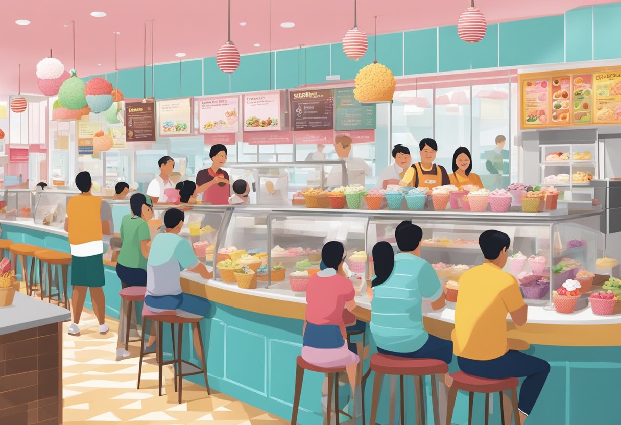 A busy ice cream parlor with customers in line, colorful menu boards, and staff serving treats at Swensen's Singapore